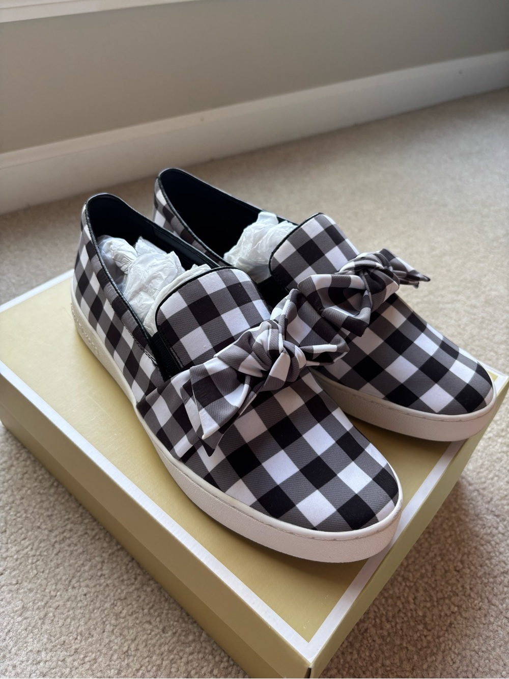 MICHAEL Michael Kors Black & White Gingham Bow Slip-On Sneakers